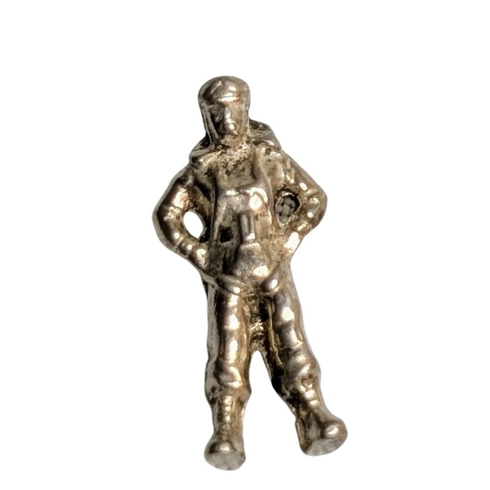 Vintage Tiny Silver Tone Man W/ Hands on Hips Possibly Astronaut Charm